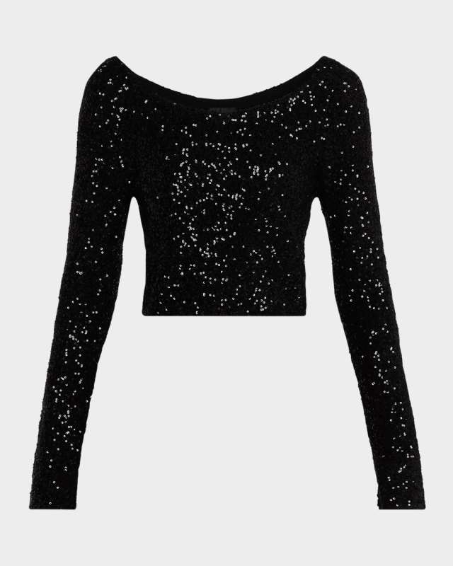 Sequin Cashmere Long-Sleeve Crop Top